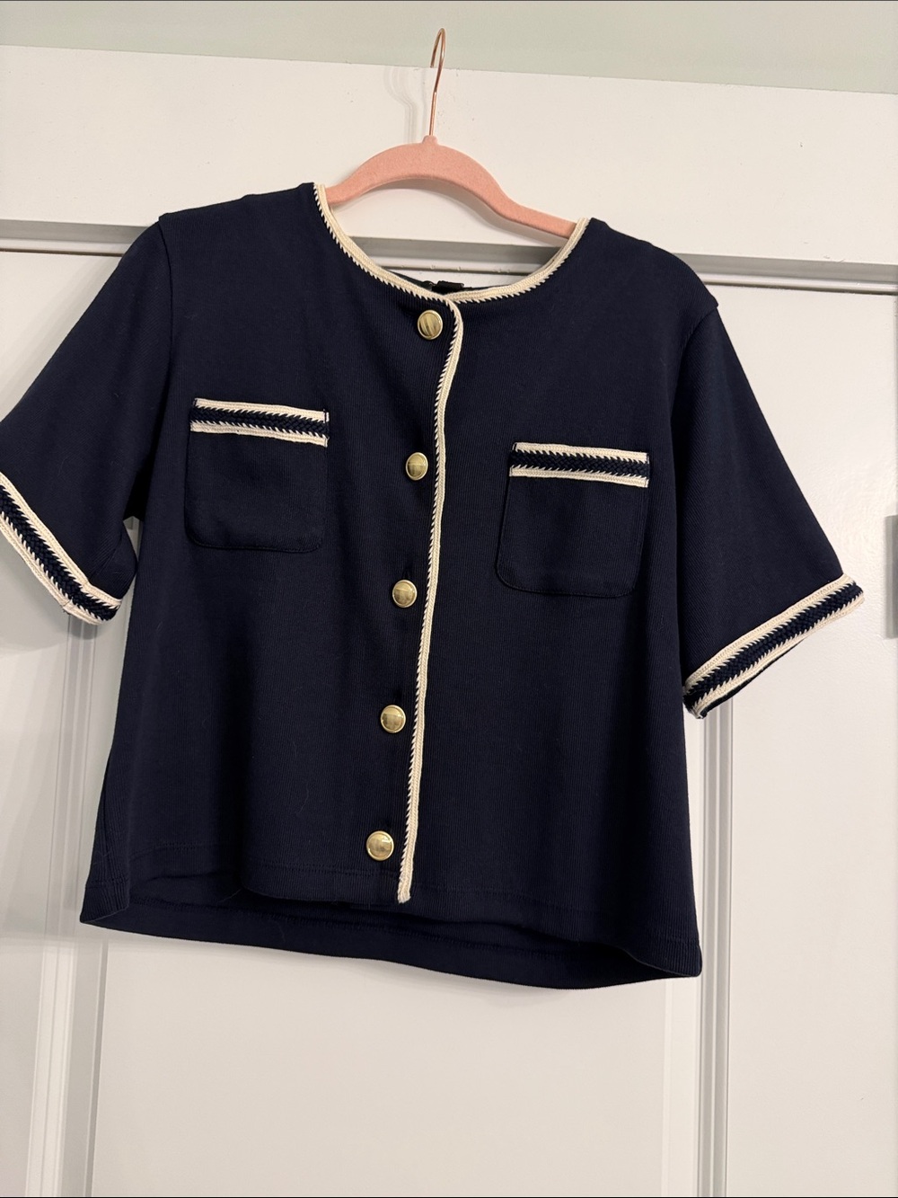 Ann Taylor Navy Button-Front Knit Top with Cream Trim